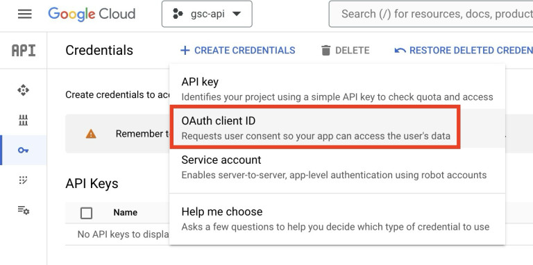 OAuth 2.0クライアントID選択画面